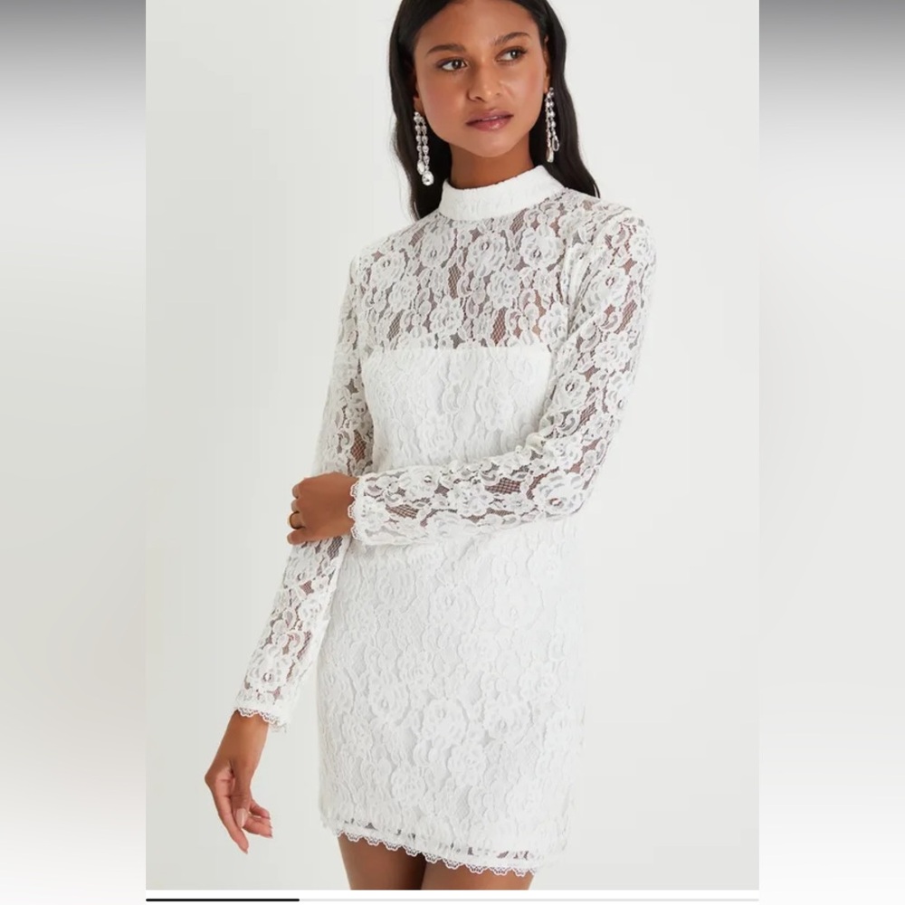 Lulus White Lace Mock Neck Bodycon Mini Dress Womens Bridal Wedding Size Large
